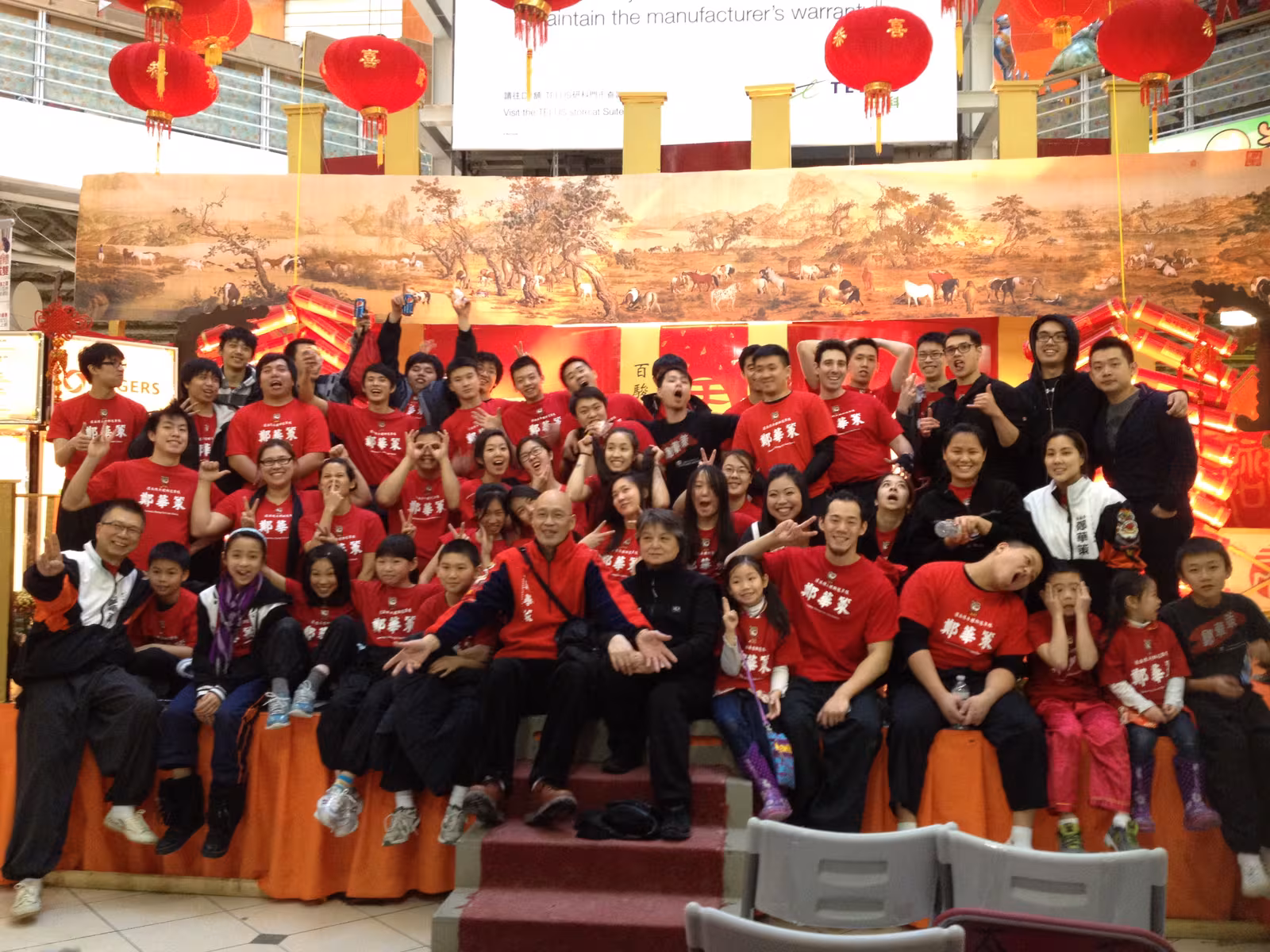 The CLK Lion Dance team in red uniforms at Pacific Mall